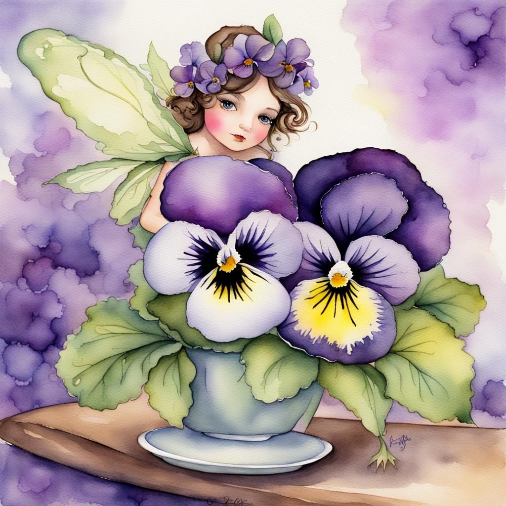 Whimsical Fairy with Pansies in Watercolor Style