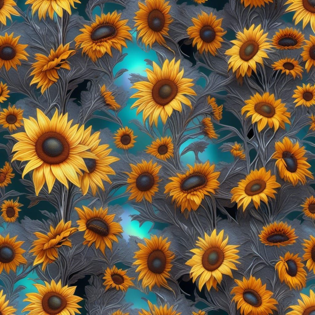 Iridescent Silver Sunflowers in Hyperrealistic Splash Art
