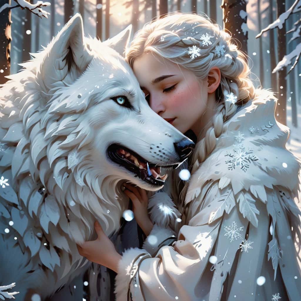 Direwolf Protecting Girl in Winter Forest: Digital Art