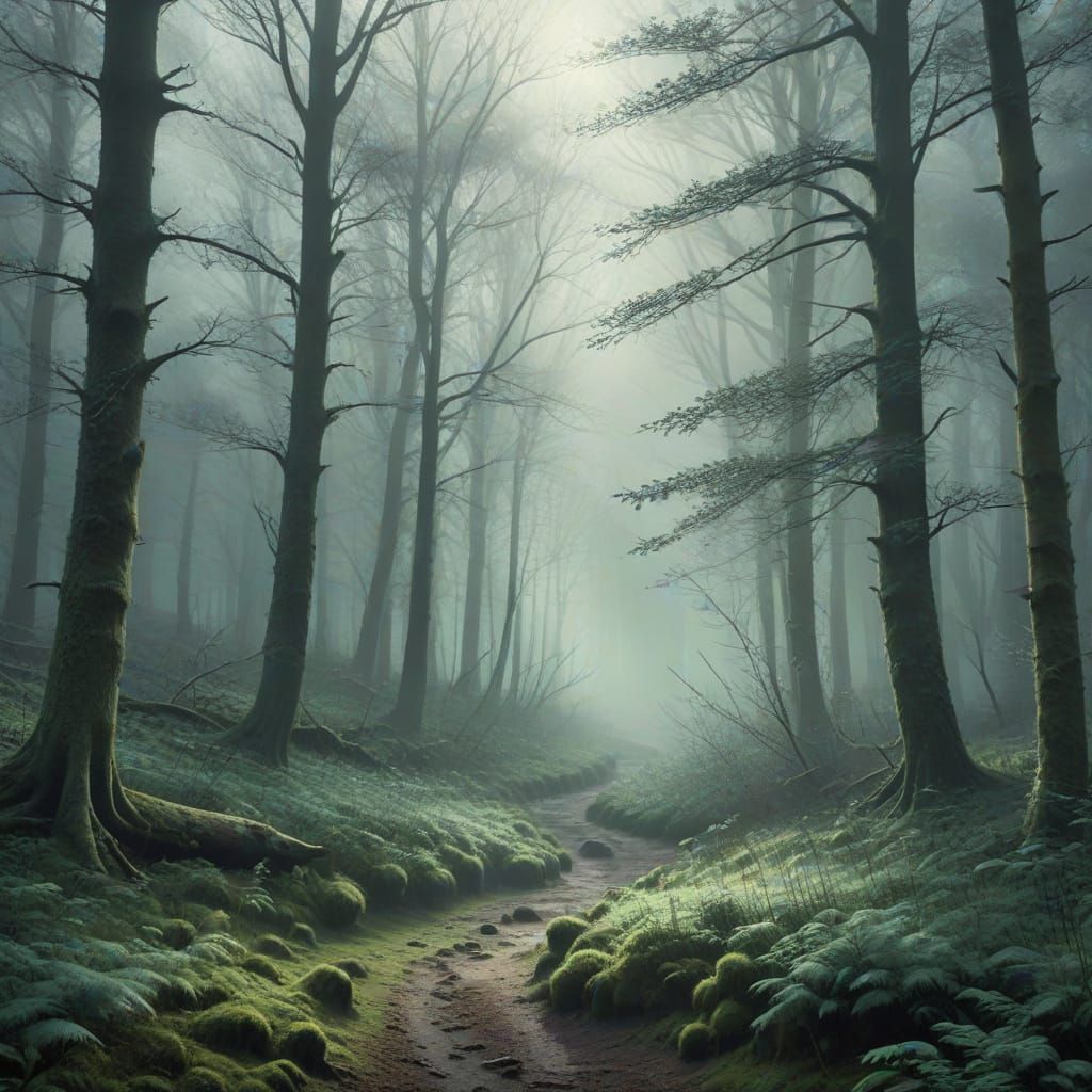 Ethereal Winter Forest Clearing in Mist Digital Painting