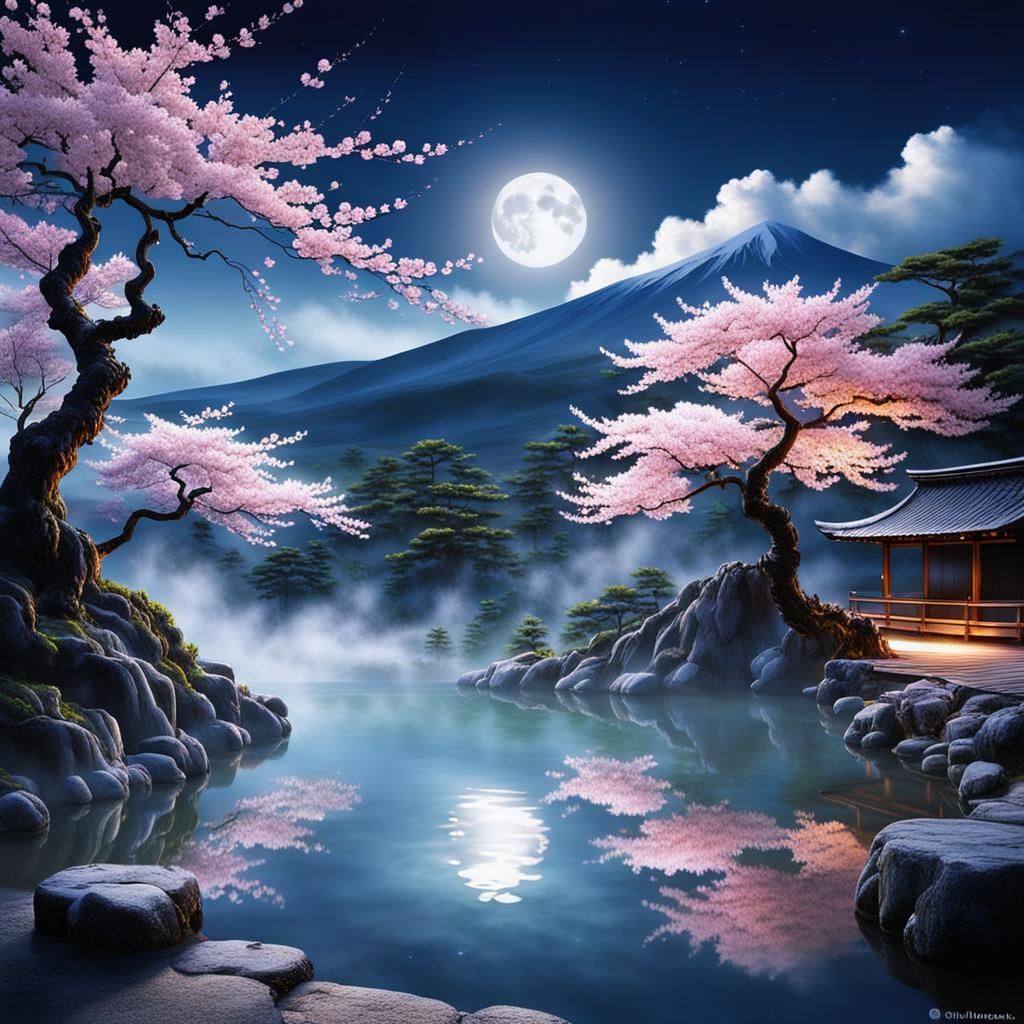 Moonlit Japanese Hot Spring with Cherry Blossoms
