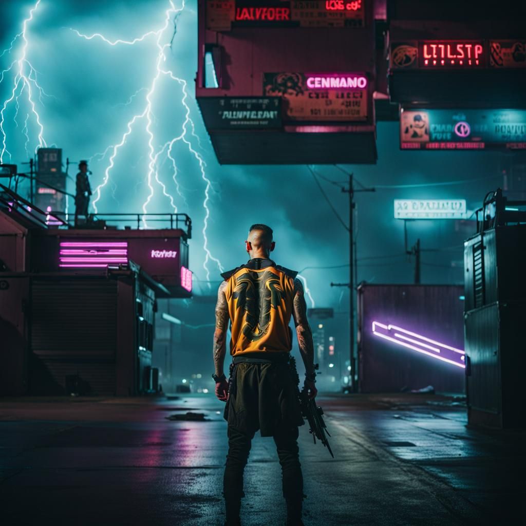 Cyberpunk Cityscape: Tattooed Man Amidst Lightning