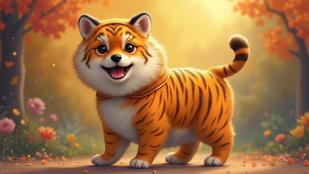 Fluffy Dog in Tiger Costume, Whimsical Storybook Style