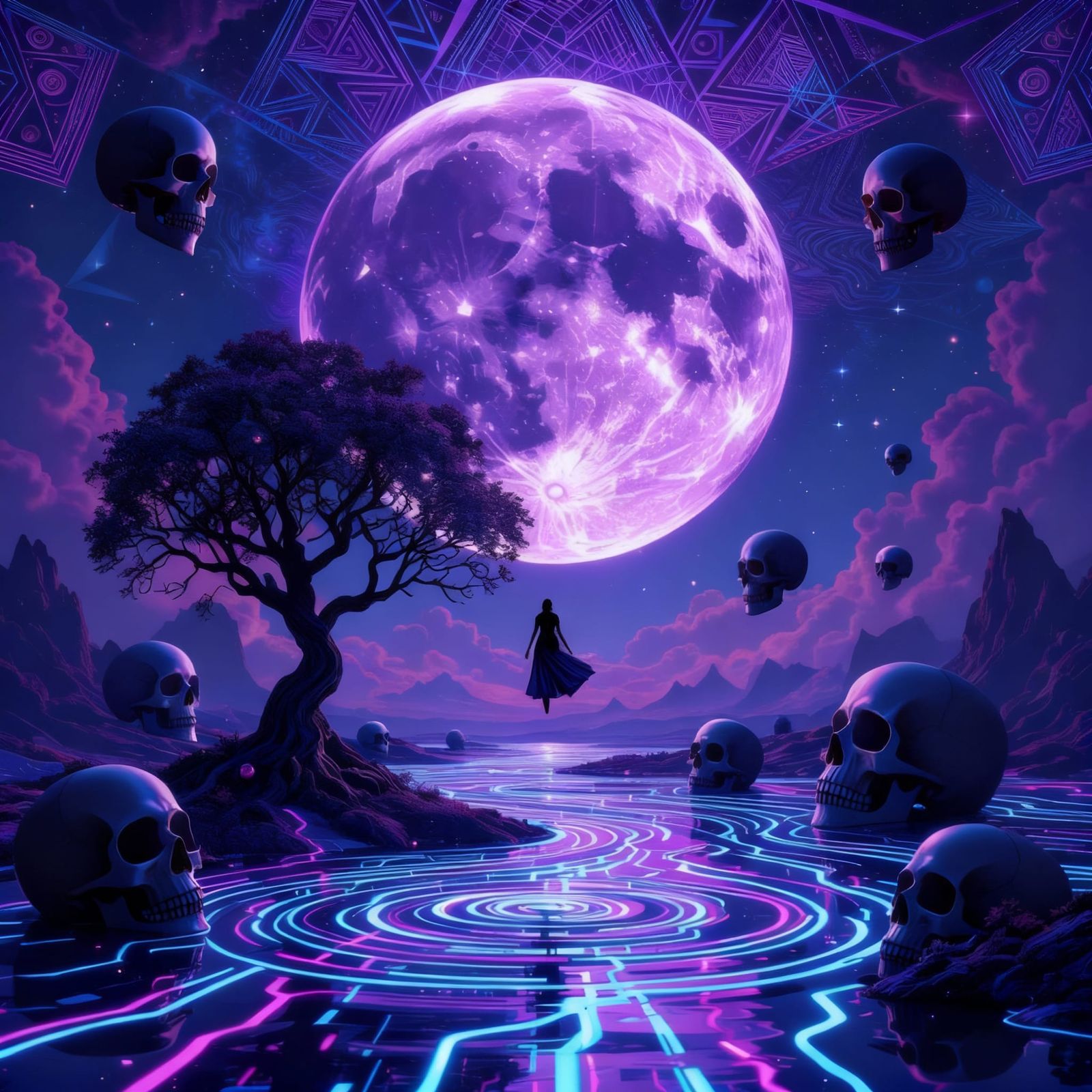 Surreal Cosmic Scene With Purple Moon and Floating Skulls