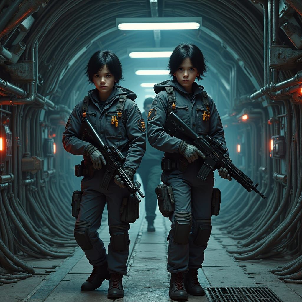 Twins Guarding Access Tunnel in Industrial Futuristic Style