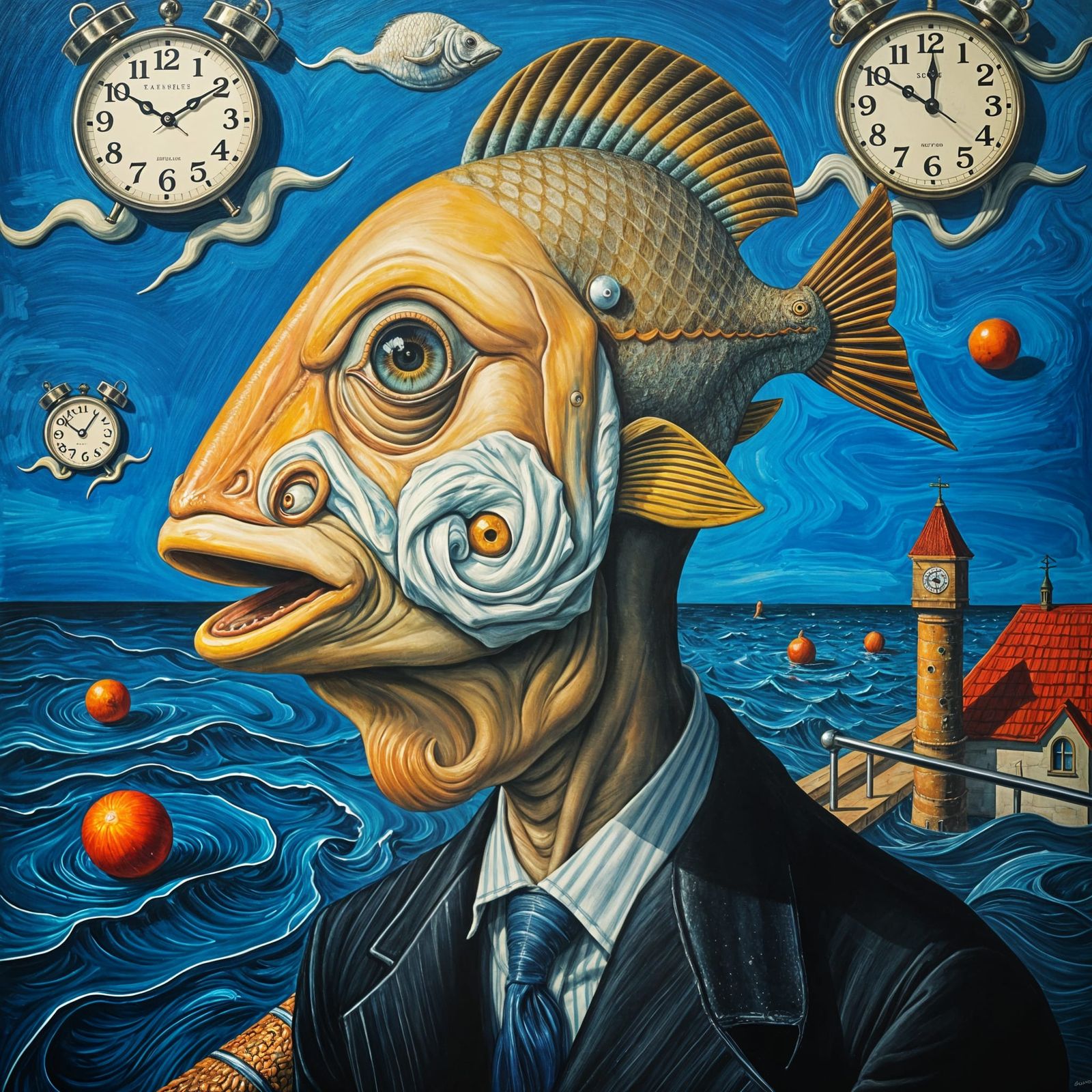 Surreal Fishmonger with Fish Head in Dali Style