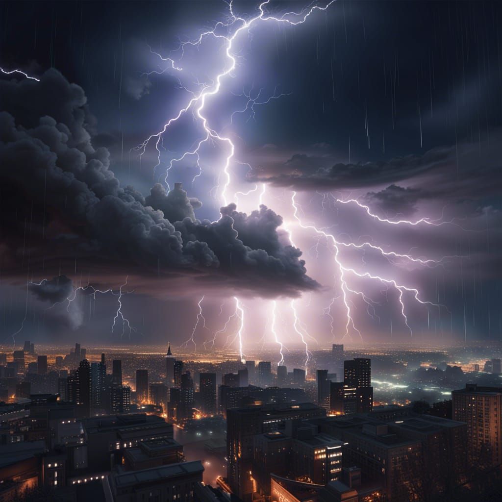 Epic Lightning Storm Over City at Night