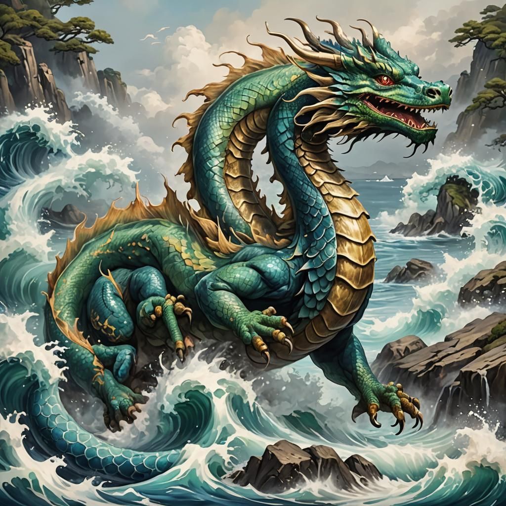 Majestic Japanese Water Dragon in Oil Painting Style