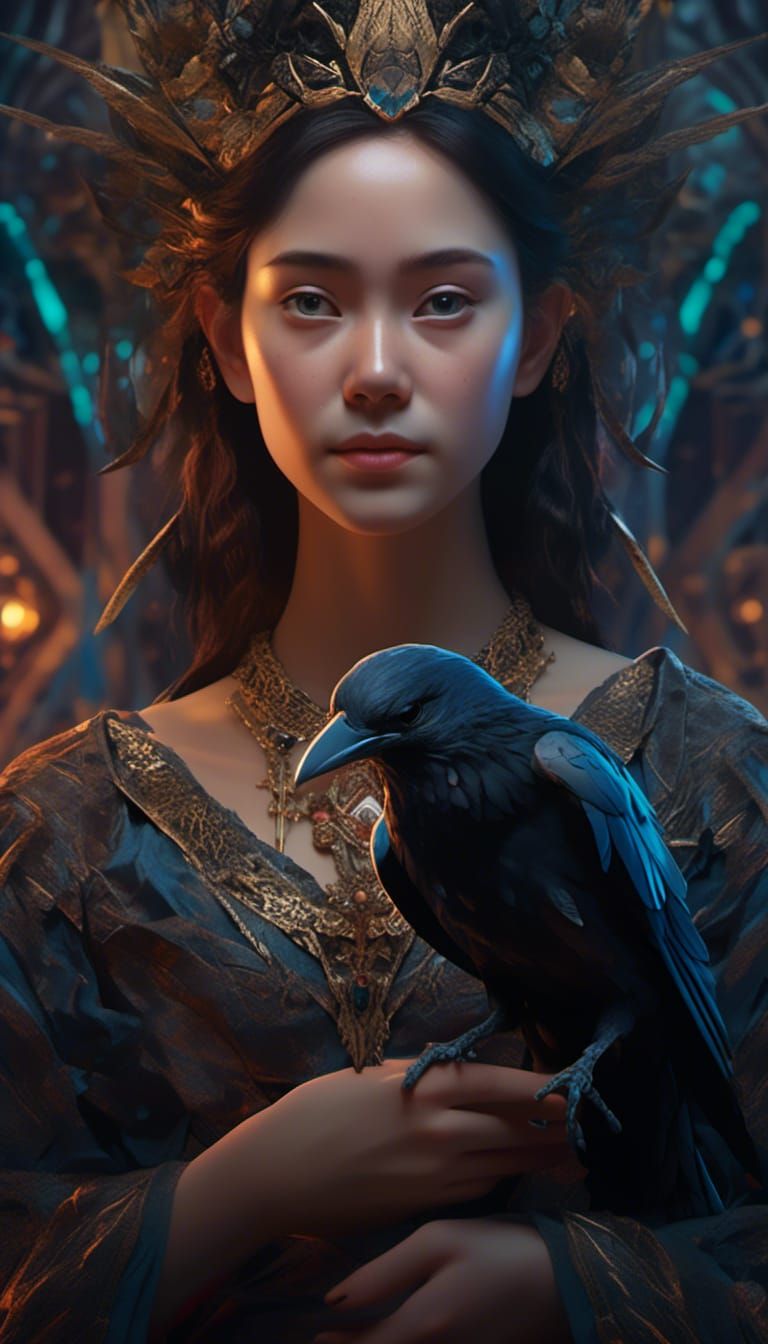 Goddess hold a crow in her hands