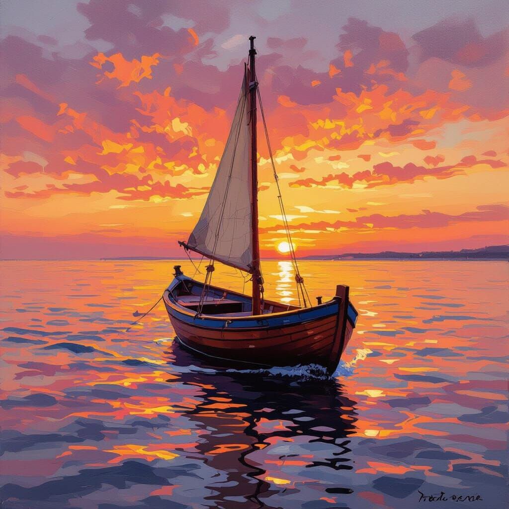 Pinasse Boat on Arcachon Basin at Fiery Sunset