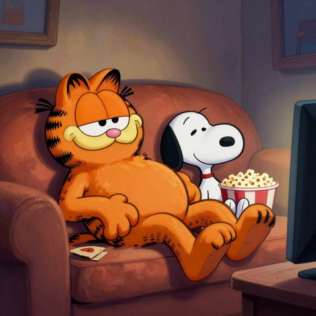 Garfield and Snoopy Watch TV on Sofa