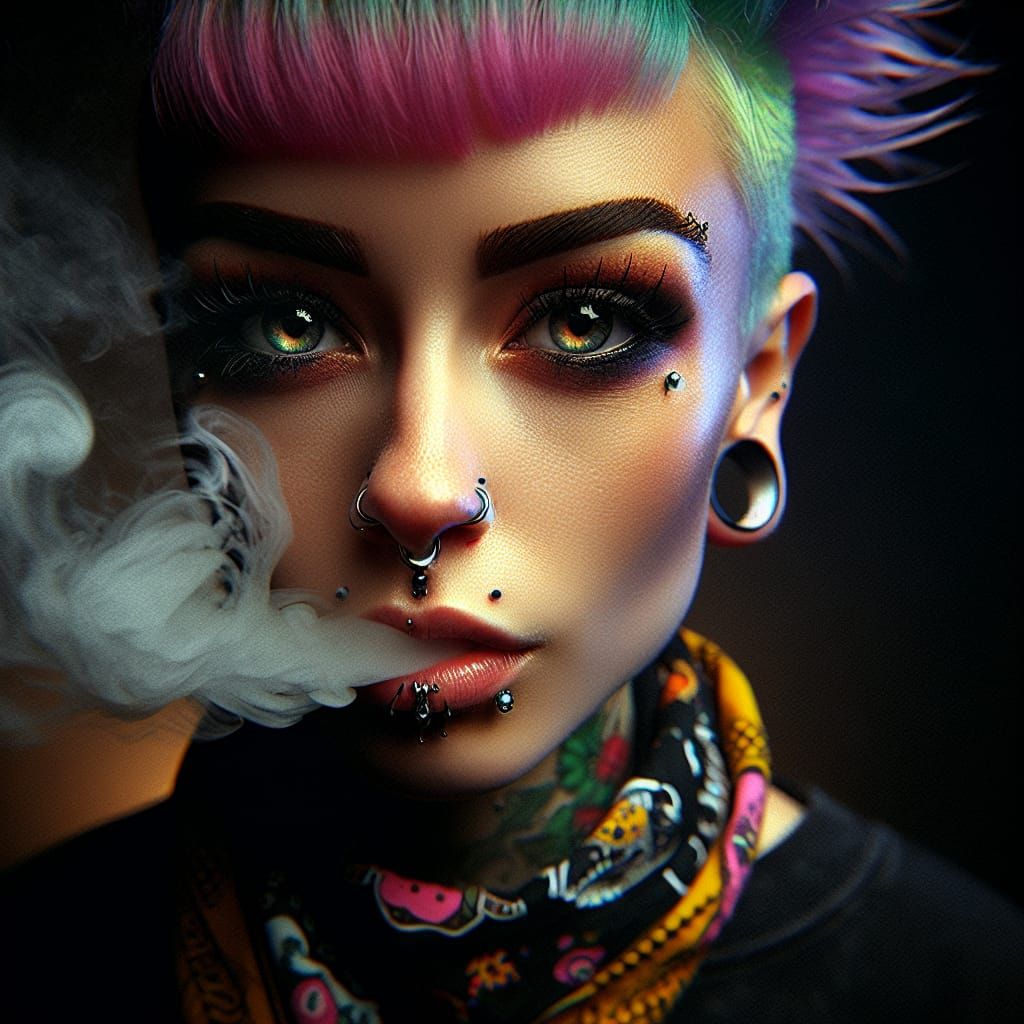 Punk Woman Portrait with Smoke, Realistic Digital Art