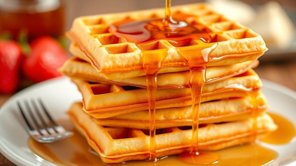 Golden Waffles Soaked in Maple Syrup