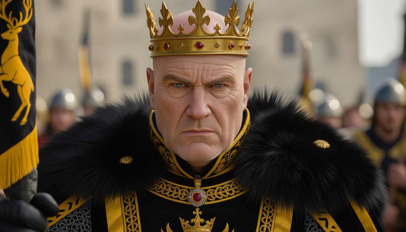 Frowning King with Flame Crown and Stag Banner