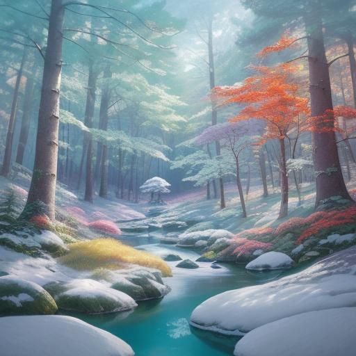 Whimsical Stag Watches Mouse Family in Snowy Forest