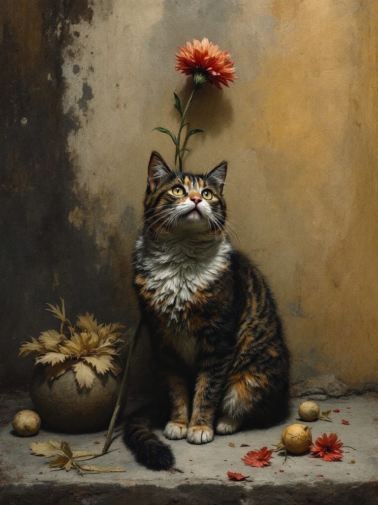 Cat Under Flower With Dramatic Tonal Contrasts