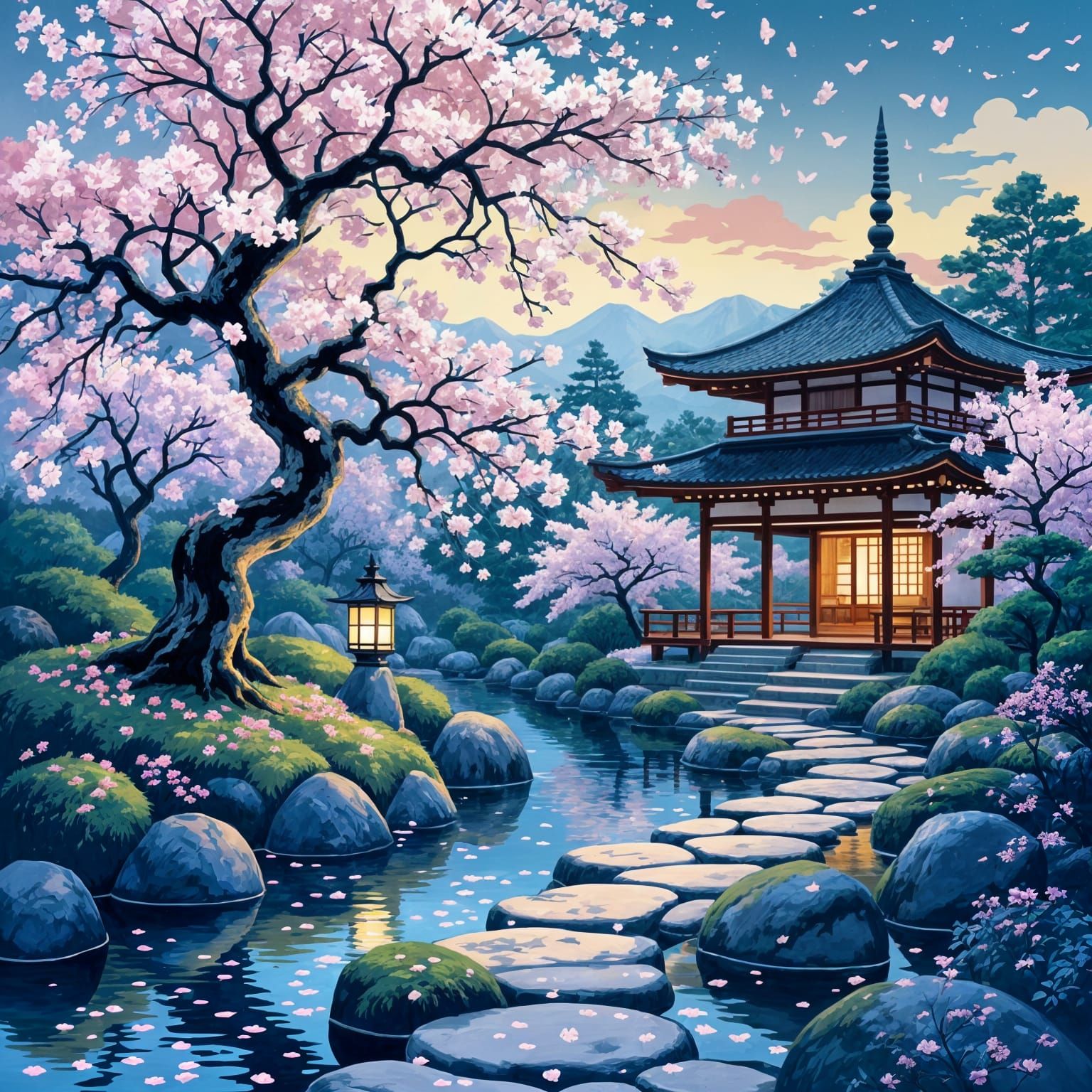 Twilight Japanese Garden with Blooming Cherry Tree in Ukiyo-...