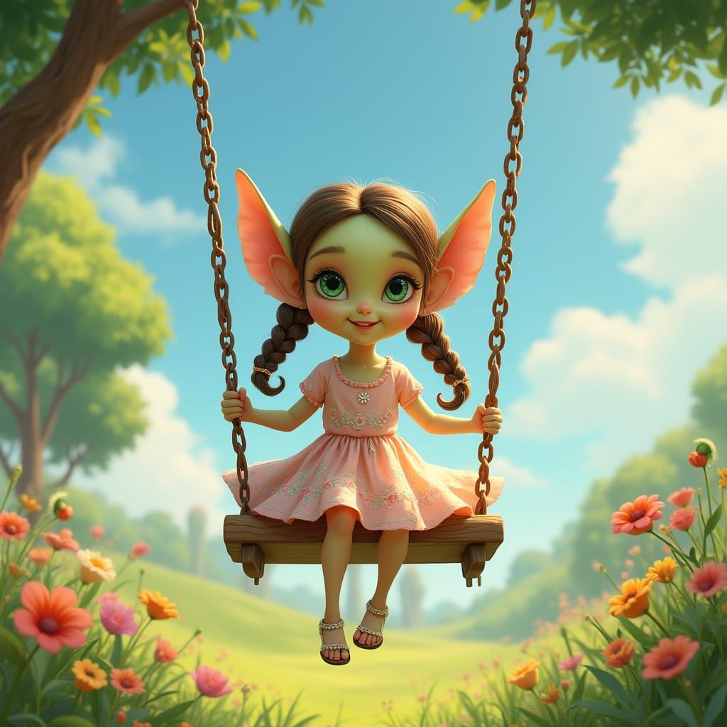 Whimsical Alien Girl Swings in a Vibrant Playground