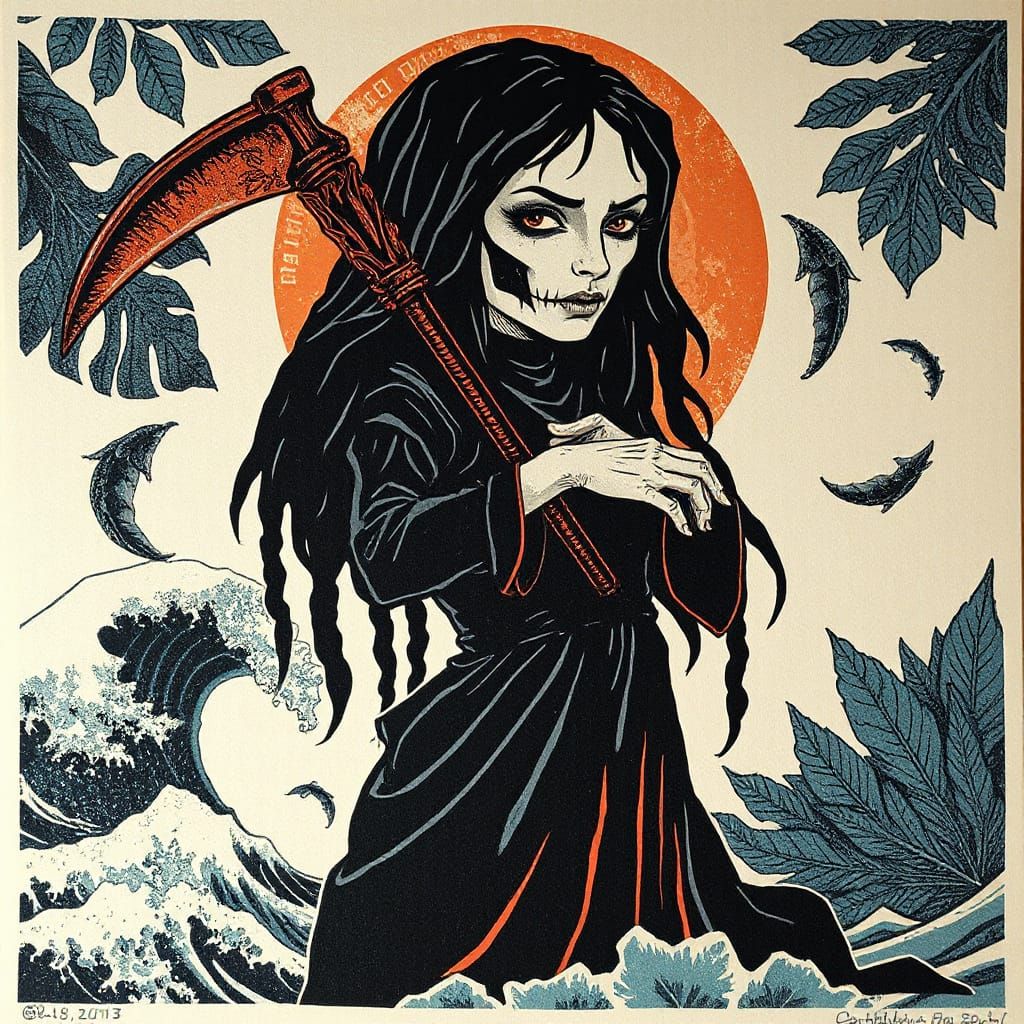 The Reaper in Tropical Paradise, Linocut Art