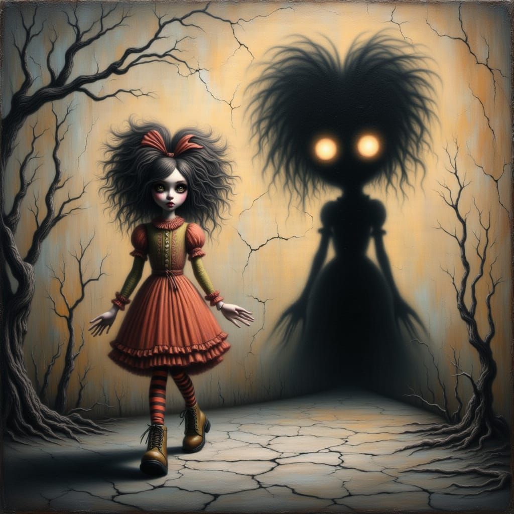Doll-like Girl Pursued by Monstrous Shadow
