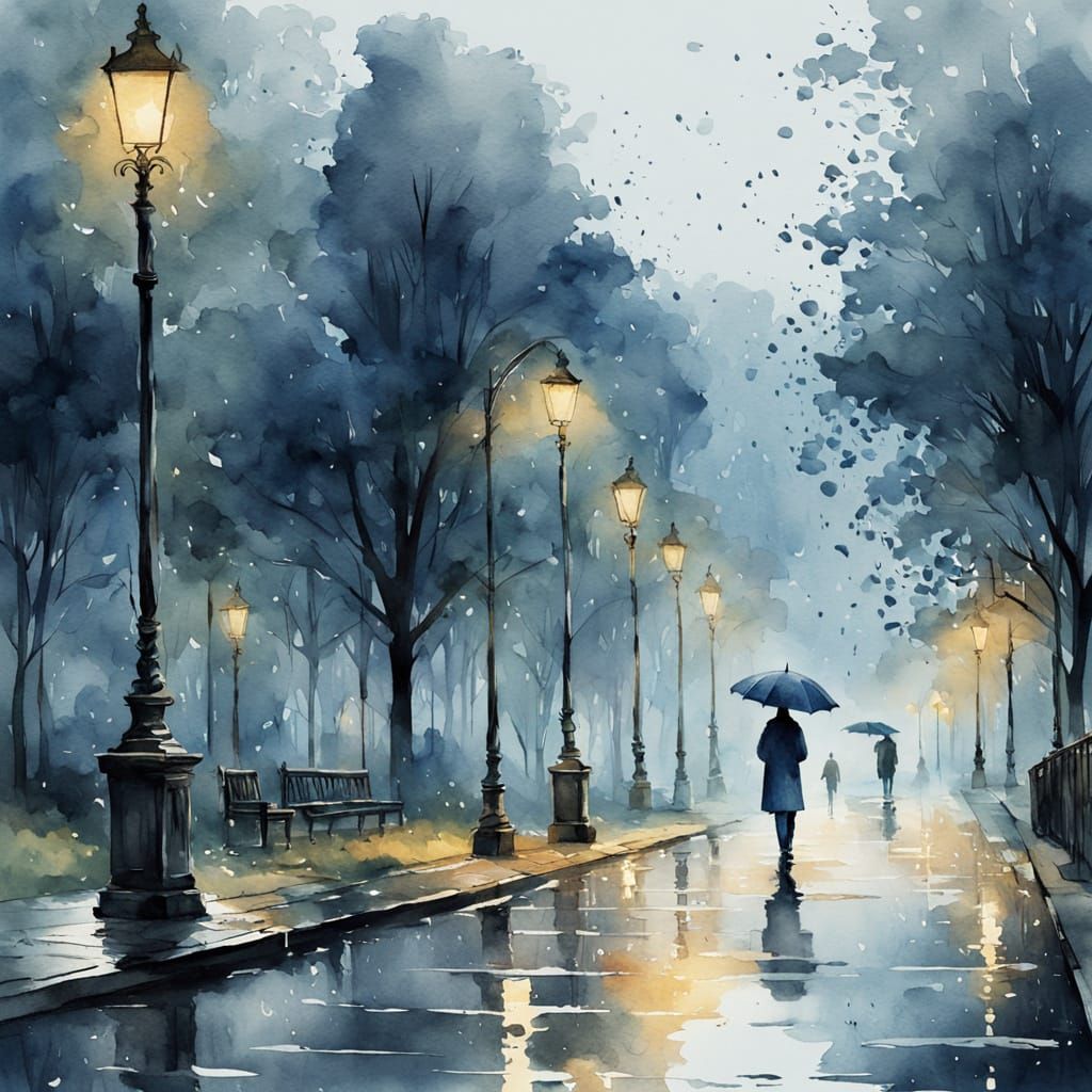 Serene Rainy Park Scene in Watercolor Style