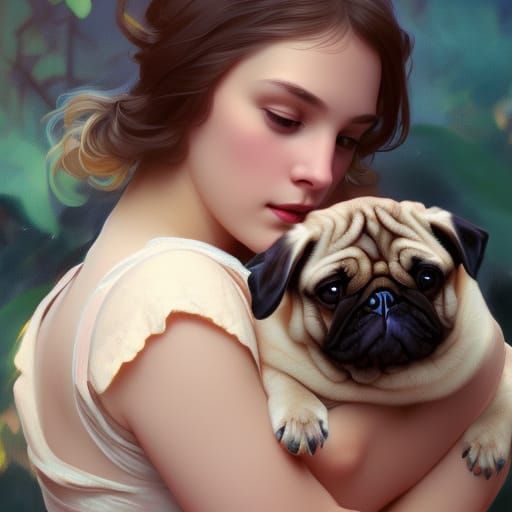 Girl with Pug: Art Nouveau Portrait
