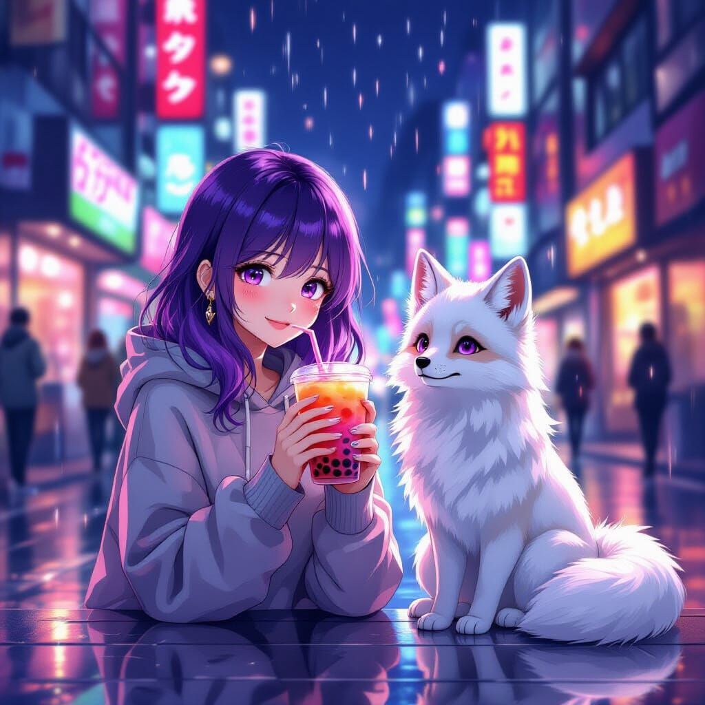 Woman Sips Bubble Tea With Arctic Fox in Neon Tokyo
