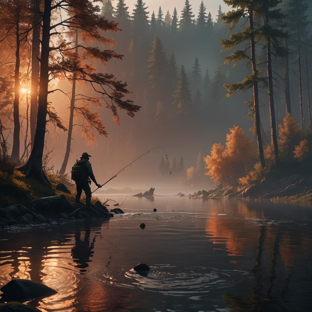 Fisherman and River Monster in Northern Woods