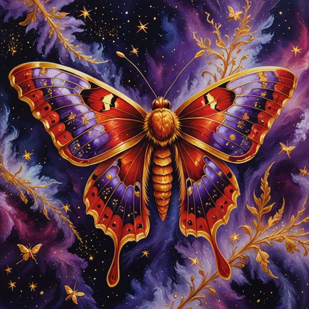 Red and Gold Moth Dances in Stardust: Surreal Macro Photogra...