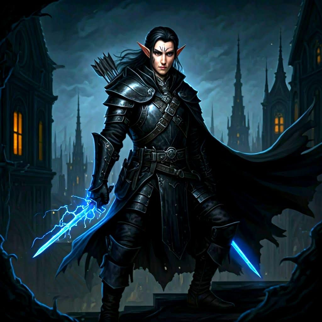 Half-Elf Rogue on Rooftop with Sword as Dark Fantasy Art