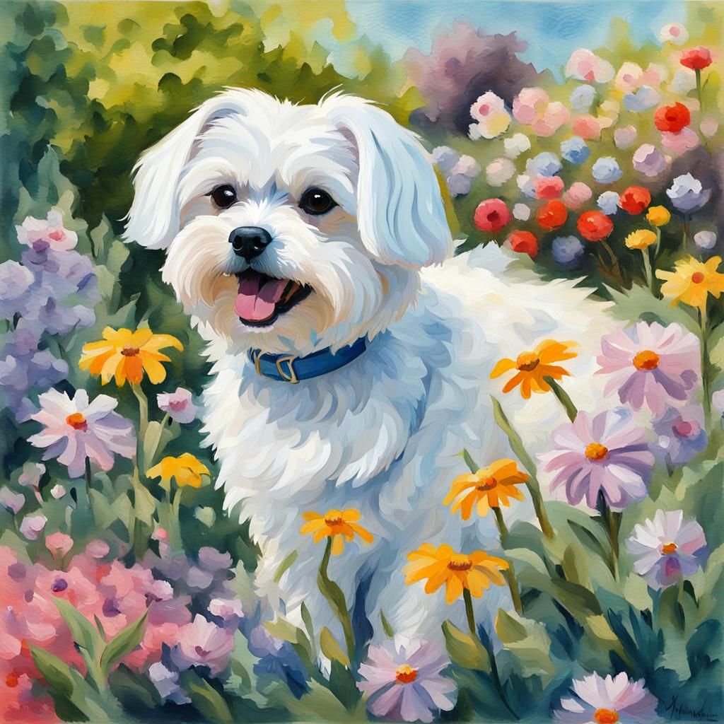Maltese Dog in Garden, Gouache Watercolor Style