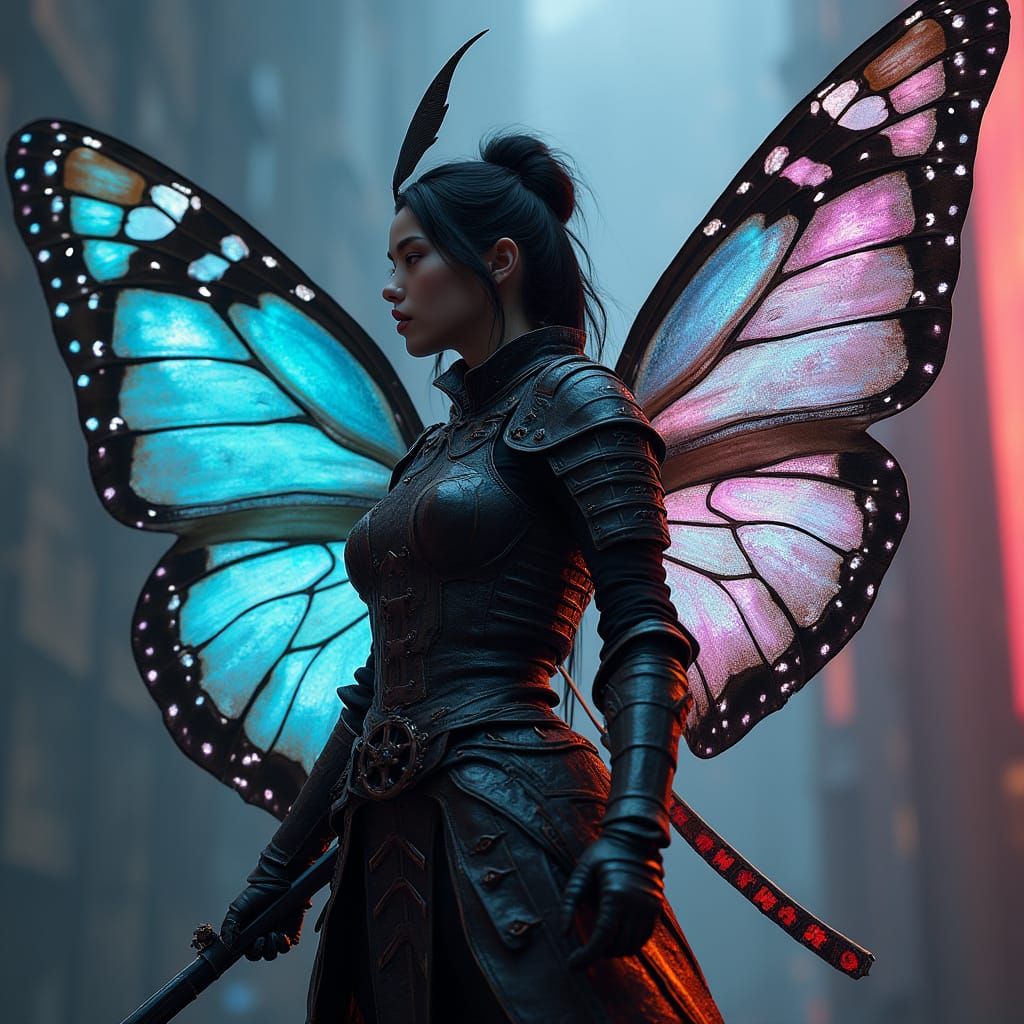 Medieval Japanese Warrior Butterfly in Dark Synth Style