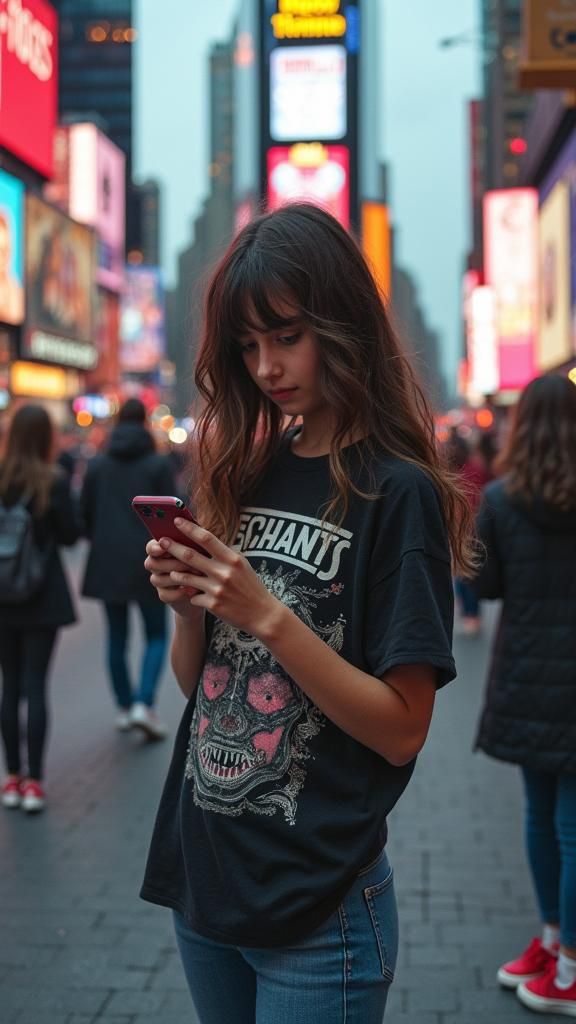 Teenager Lost in Thought in Times Square: Photorealistic Por...