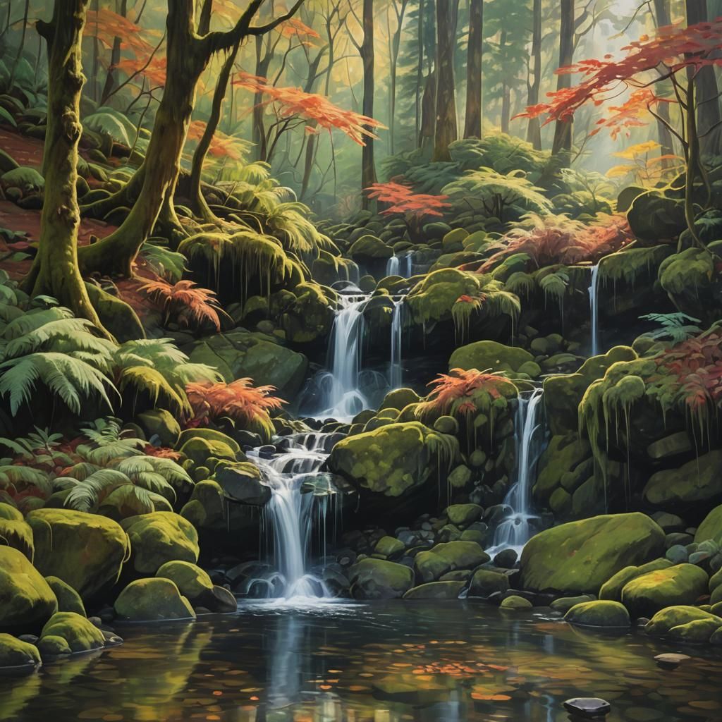 Surreal Waterfall Landscape with Autumn Colors