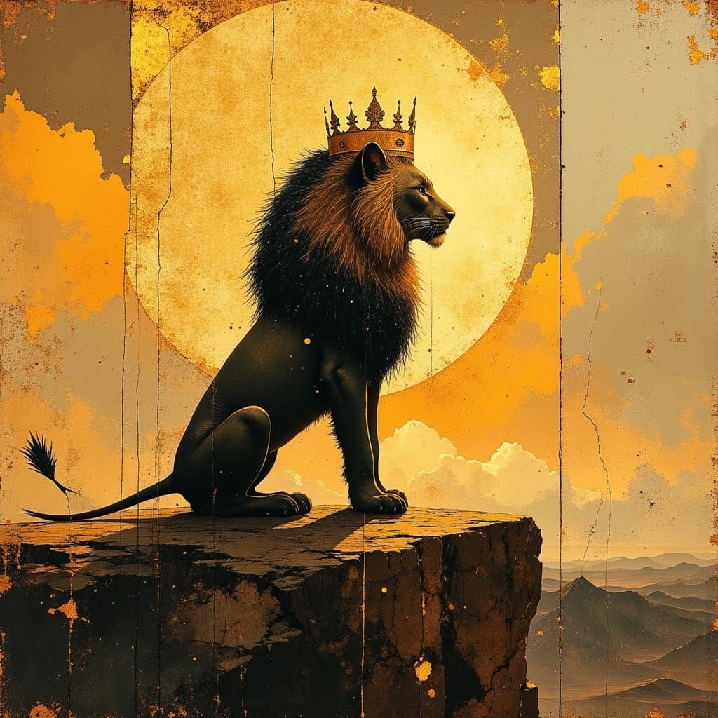 Lion King with Coffee Cup Head in Matte Painting Style