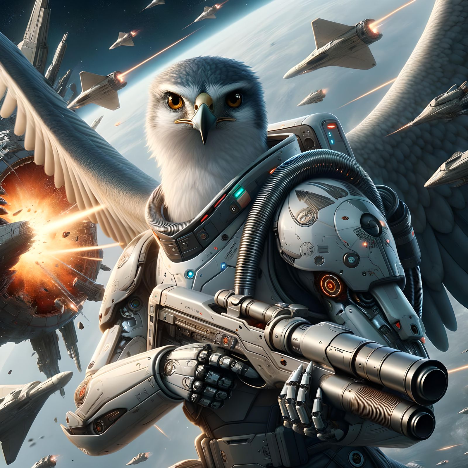 Futuristic Cyborg Goshawk Space Fighter Splits Spaceship