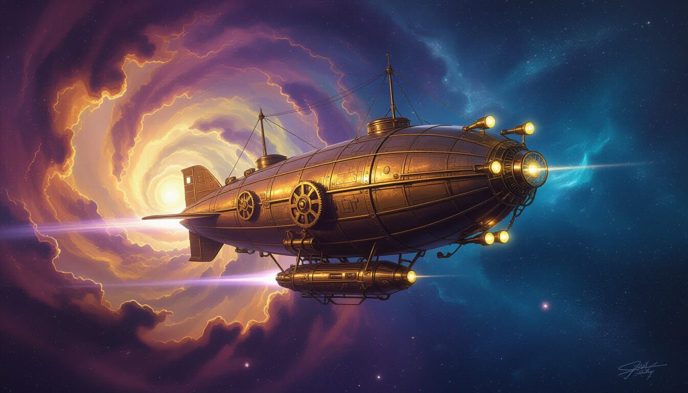 Steampunk Airship Navigates a Cosmic Nebula