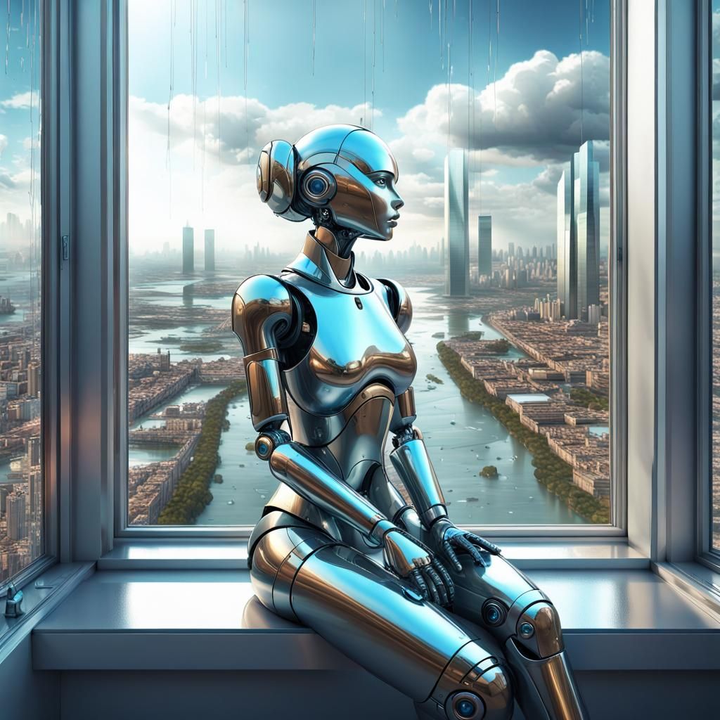 Futuristic Utopia: Robot Gazes at Flooded City