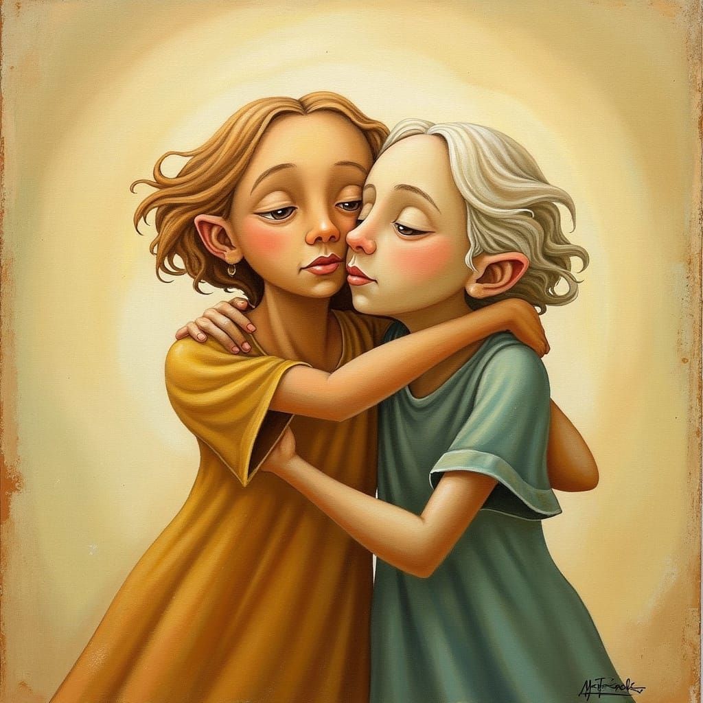 Friends Embrace: Whimsical Digital Painting in Golden Light