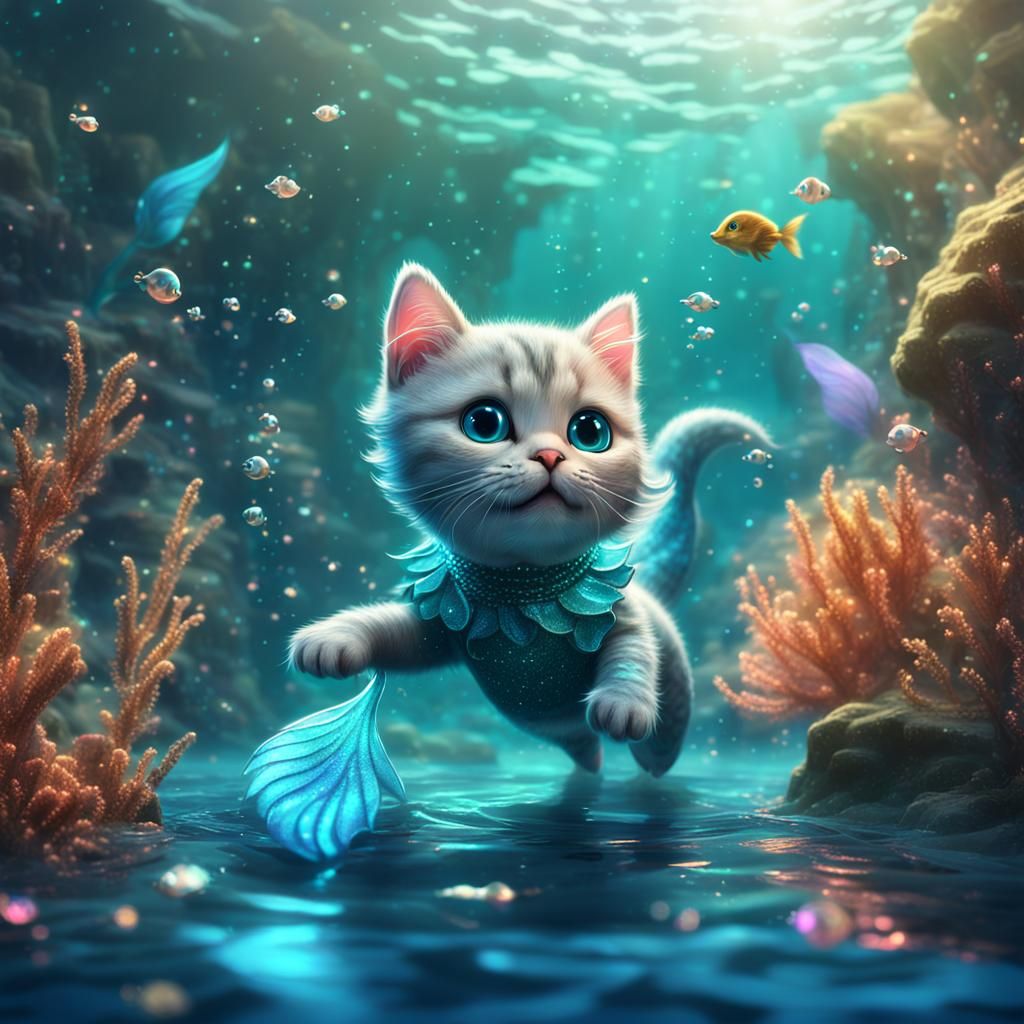 Kitten Mermaid in Sparkling Sea: Fantasy Concept Art