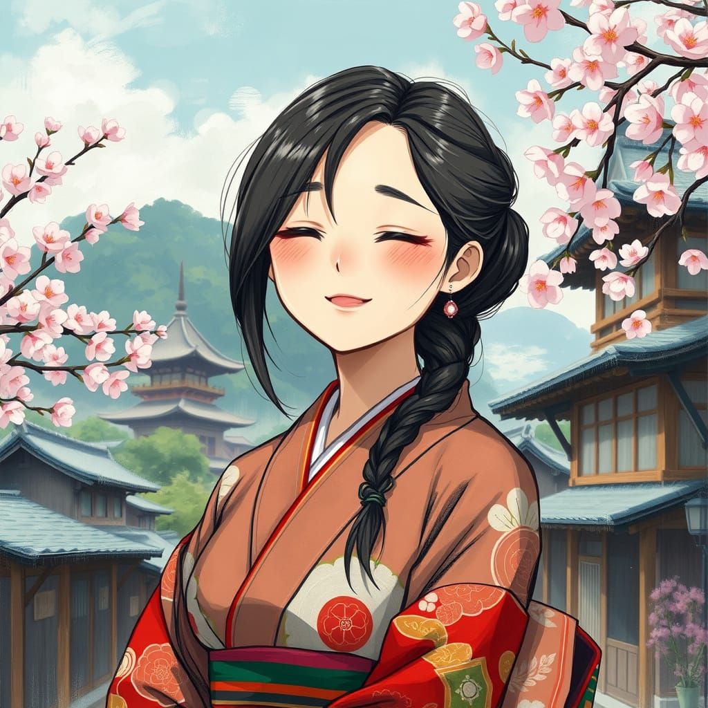 Surreal Japanese Village Girl in Soft Anime-Inspired Portrai...