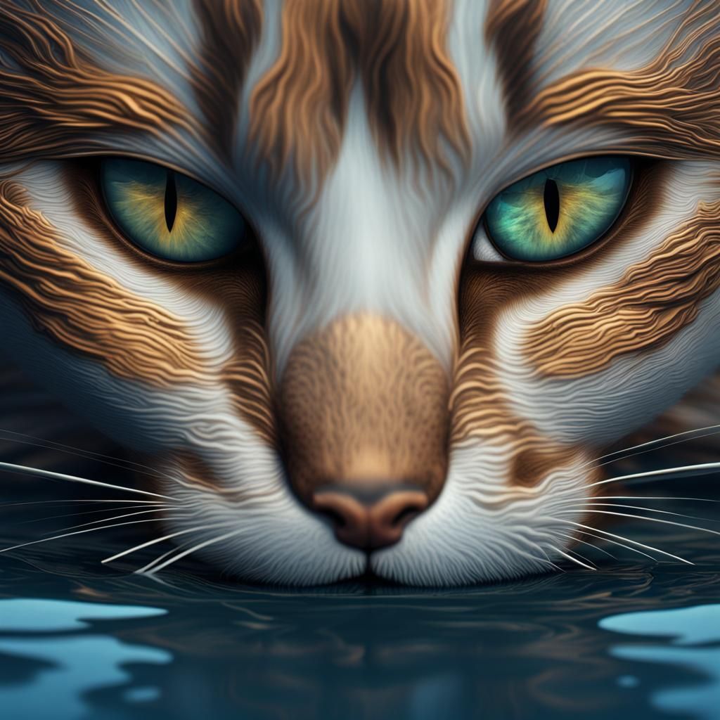 Cat Face Reflection in Water, Detailed Matte Painting