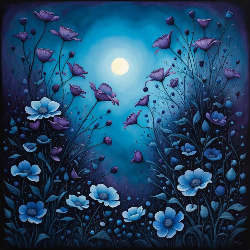 Blue Translucent Flowers in Purple Light, Comic Art