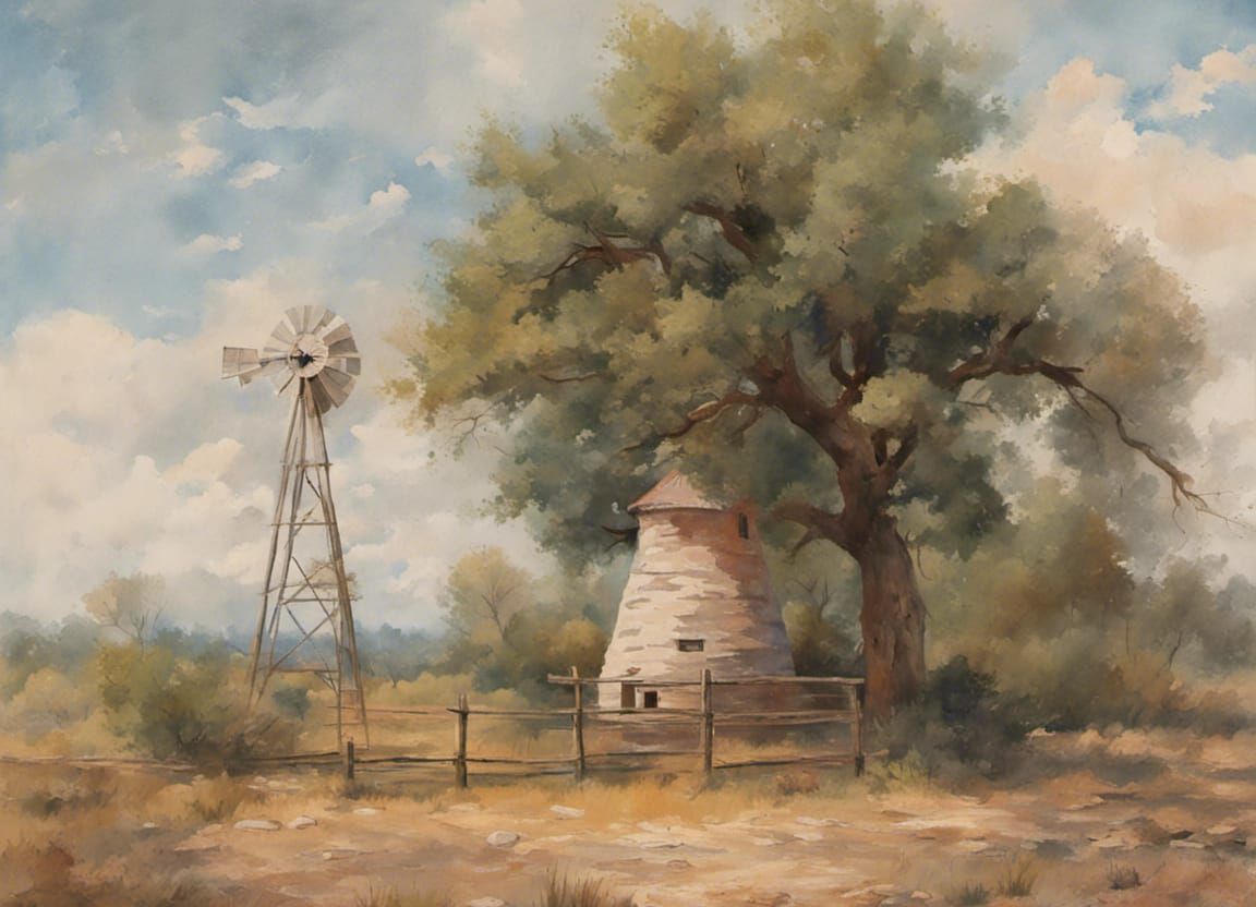 Texas Ranch Windmill Gouache Watercolor Painting