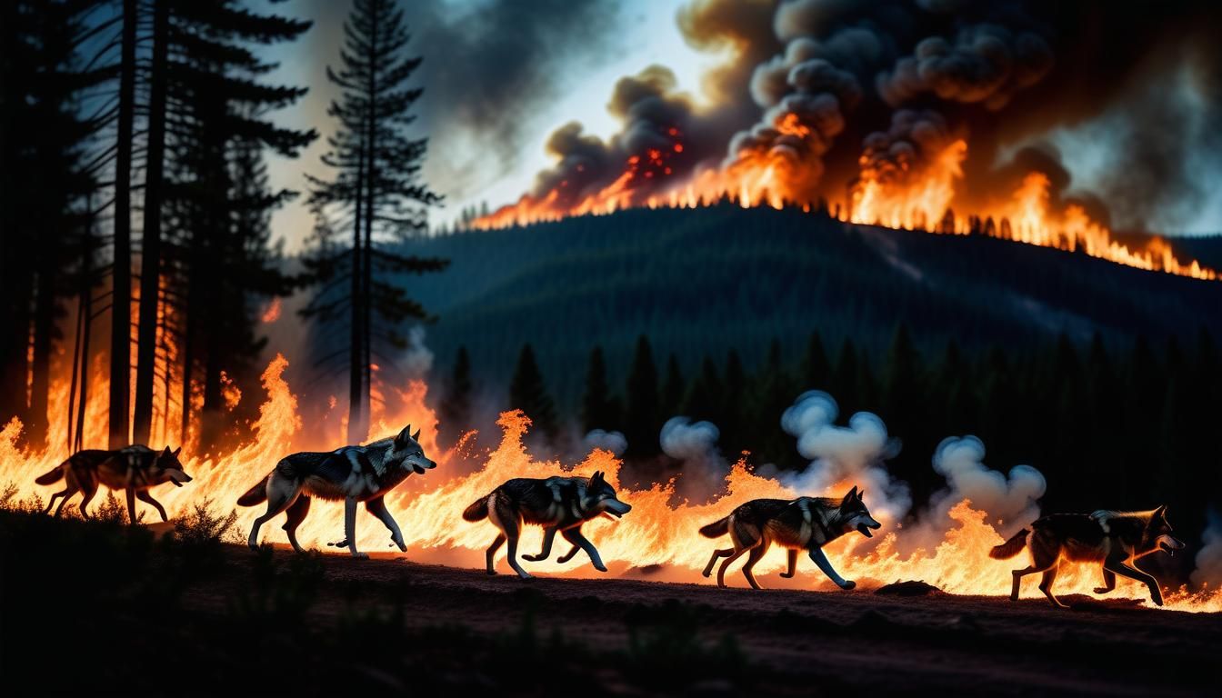 Wolves Escape Blazing Forest Fire: Cinematic Photography