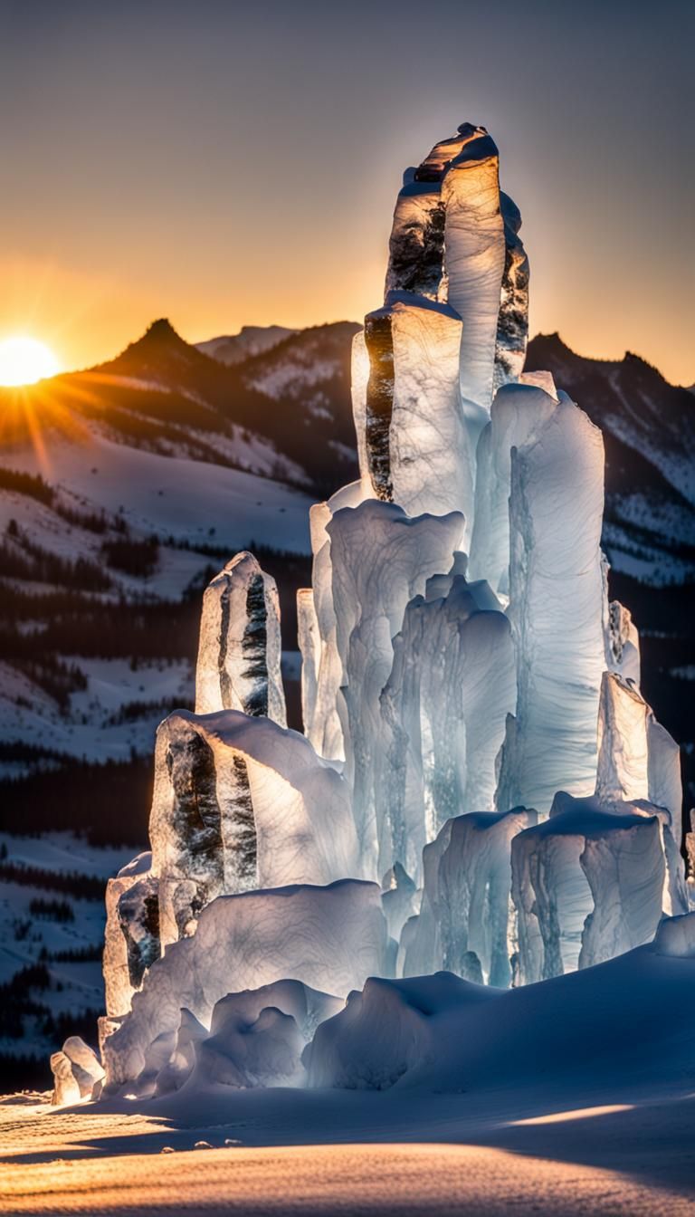 Sunlit Ice Sculpture on Snowy Mountain at Sunset