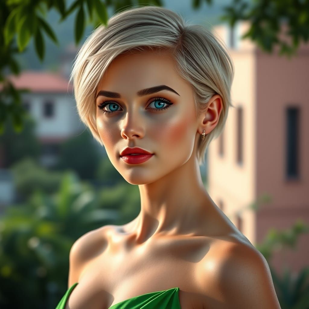 A photo of a beautiful woman with a beautiful face. She has short blonde hair and blue eyes., natural make up. Wearing a...