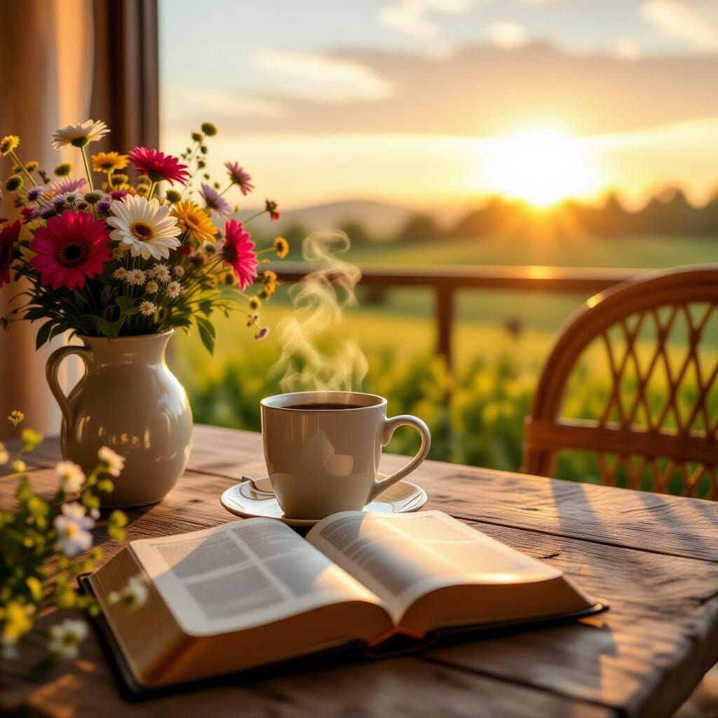Peaceful Morning Coffee Scene with Sunrise and Bible