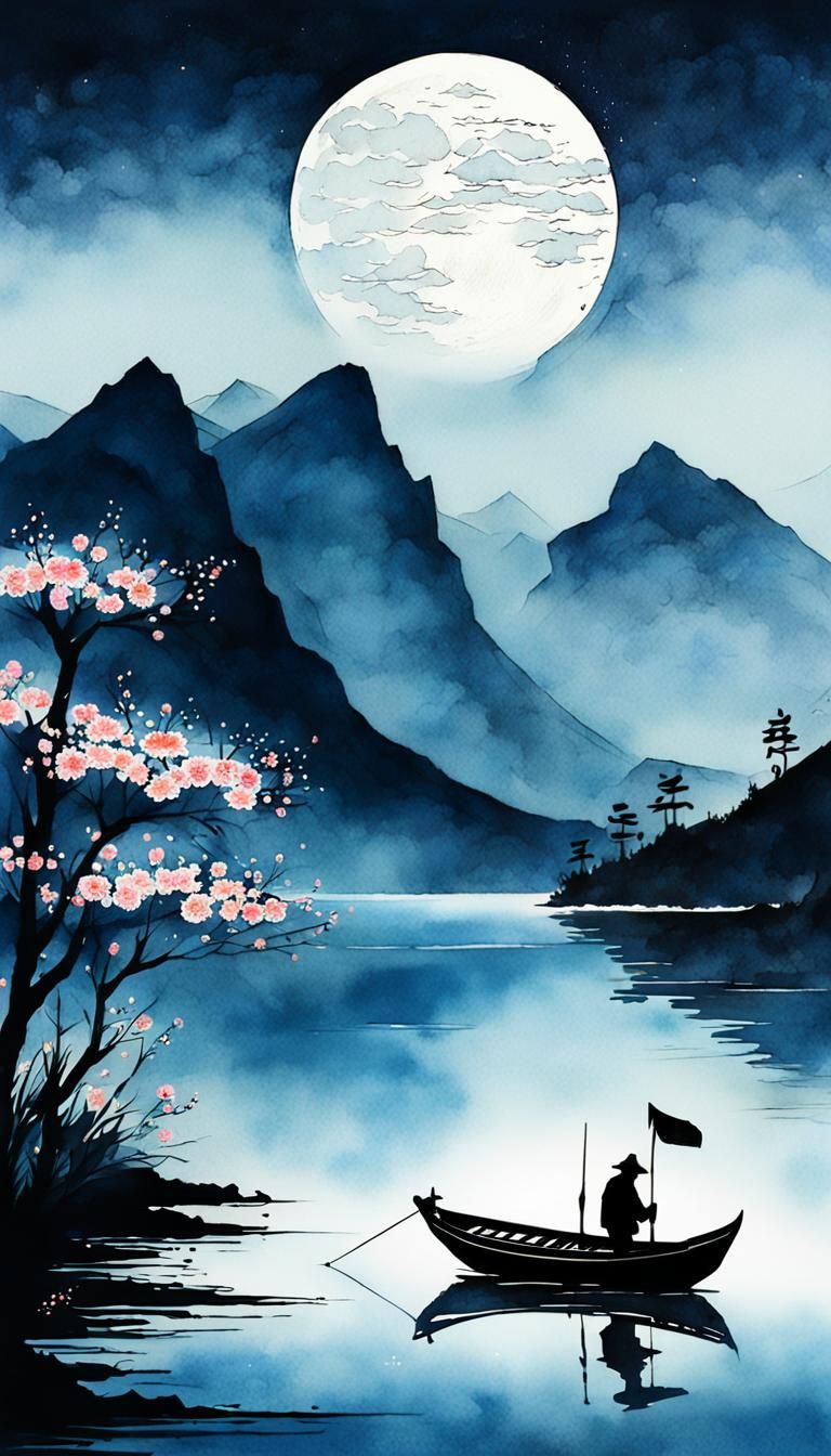 Minimalist Chinese Ink Painting of Fisherman on Lake