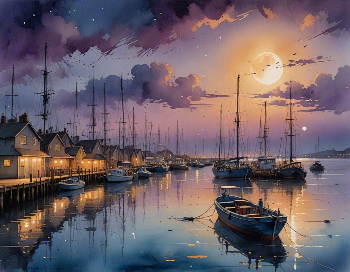 Ethereal Harbour Wharf at Moonrise in Watercolour Style